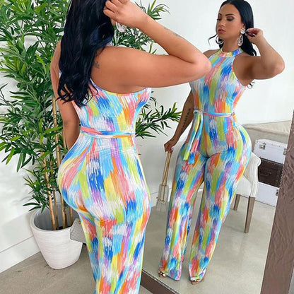 Combinaison pantalon évasé licou décontractée imprimé abstrait - Chic&Shines