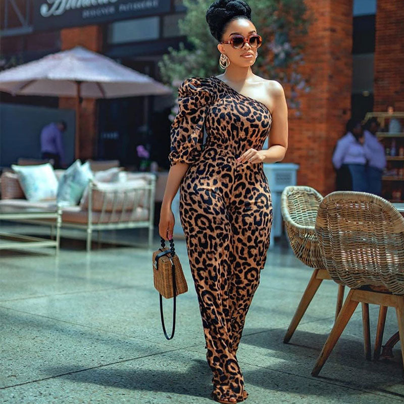 Combinaison pantalon à une épaule manche courte bouffante imprimé léopard - Chic&Shines