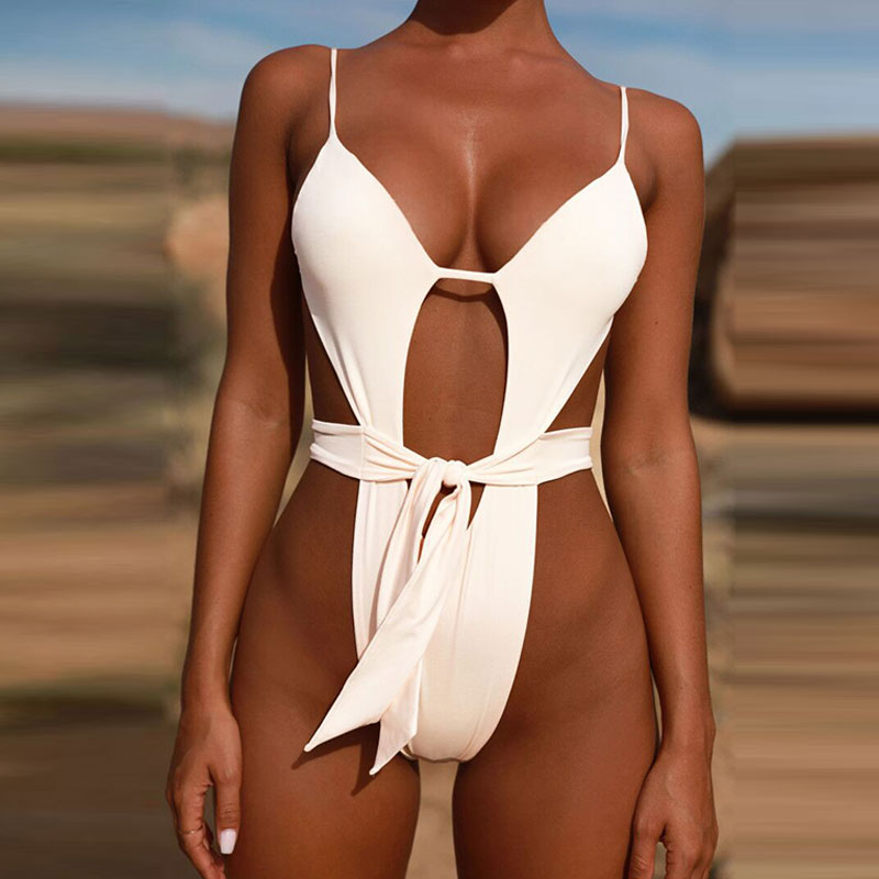 Maillot de bain une pièce échancré string dos nu ceinture lacet - Chic&Shines