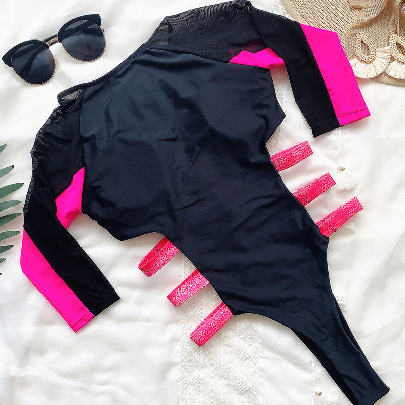 Maillot de bain à manches longues à fermeture éclair à bandes latérales - Chic&Shines