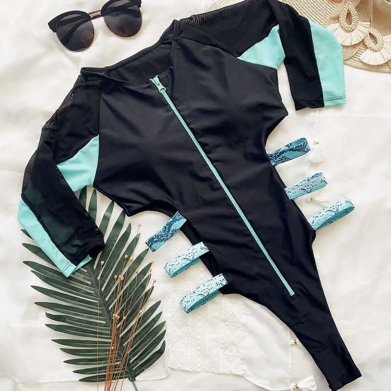 Maillot de bain à manches longues à fermeture éclair à bandes latérales - Chic&Shines