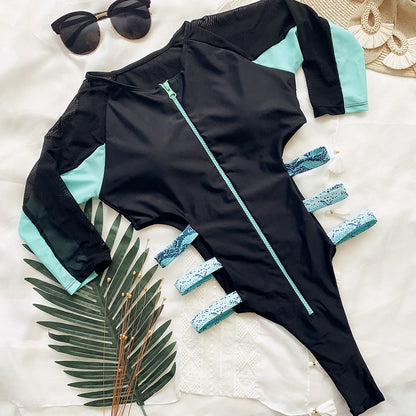 Maillot de bain à manches longues à fermeture éclair à bandes latérales - Chic&Shines