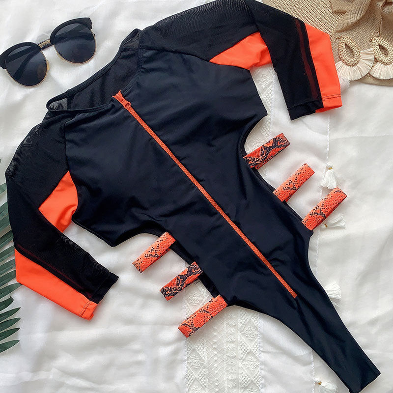 Maillot de bain à manches longues à fermeture éclair à bandes latérales - Chic&Shines