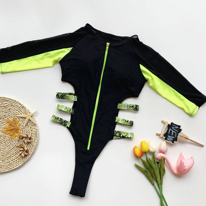 Maillot de bain à manches longues à fermeture éclair à bandes latérales - Chic&Shines