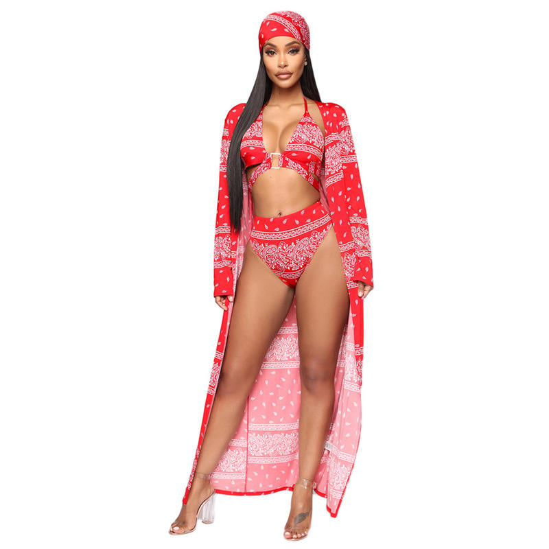 Bandana &amp; Kimono Print Three Piece Bikini Swimsuit 