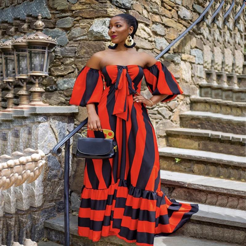 Robe longue rayée à épaules dénudées style Bohème - Chic&Shines