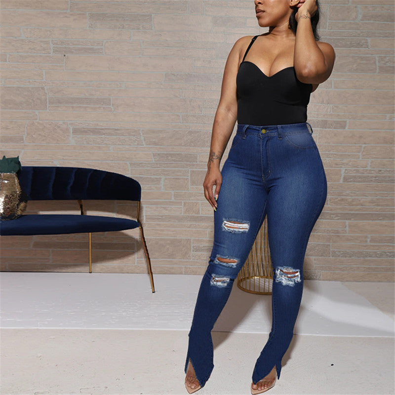 Jean slim déchirée taille haute fentes chevilles - Chic&Shines