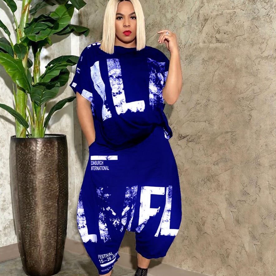 Ensemble haut manches courtes large et son pantalon sarouel impression lettre - Chic&Shines