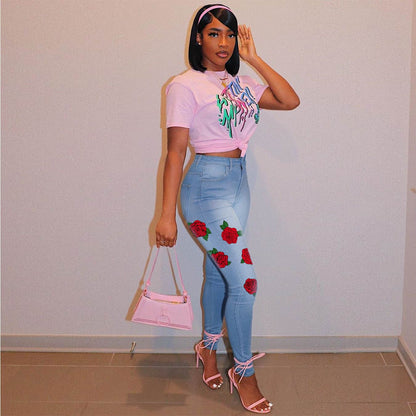 Jeans Taille Haute Imprimé Rose - Chic&Shines