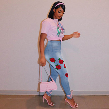 Jeans Taille Haute Imprimé Rose - Chic&Shines