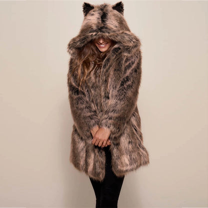 Manteau peluche à capuche imitation fourrure - Chic&Shines