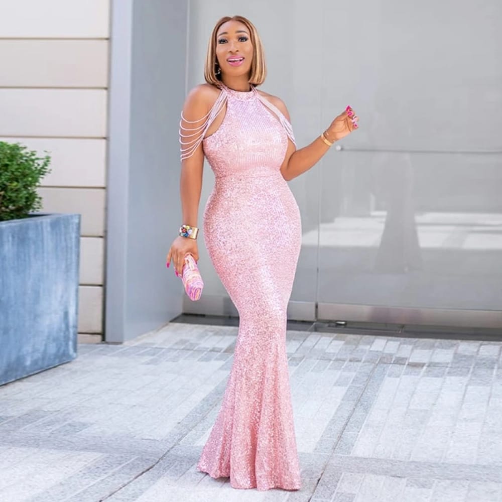 Robe de soirée longue licou pailleté tassel - Chic&Shines