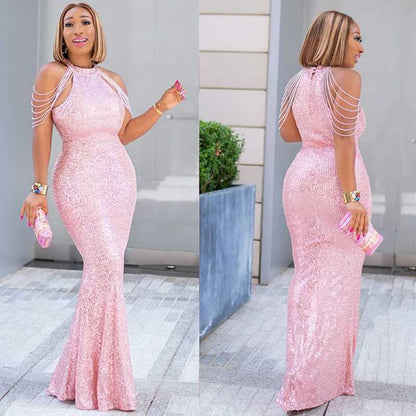 Robe de soirée longue licou pailleté tassel - Chic&Shines