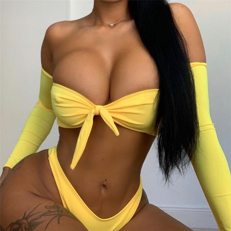 Maillot de bain 2 pièces Bikini épaules dénudées à manches longues - Chic&Shines