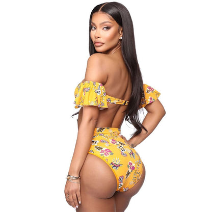 Bikini taille haute à épaules dénudées motif fleur - Chic&Shines