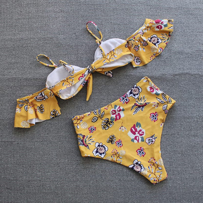 Bikini taille haute à épaules dénudées motif fleur - Chic&Shines