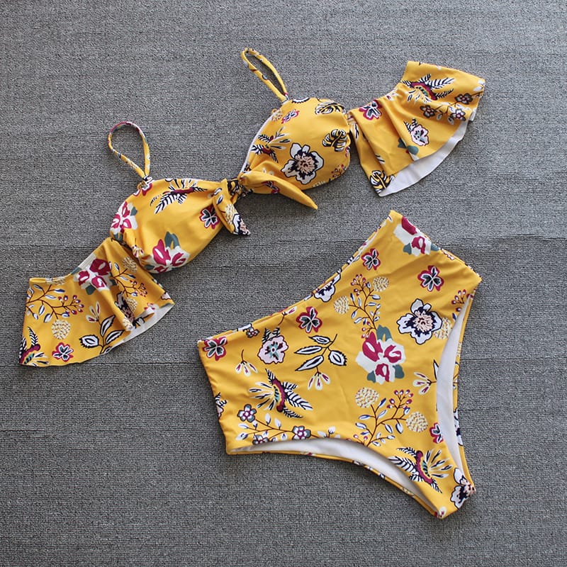 Bikini taille haute à épaules dénudées motif fleur - Chic&Shines