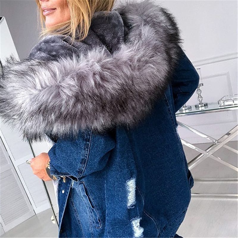 Manteau en jeans à capuche fourrure à manches longues - Chic&Shines