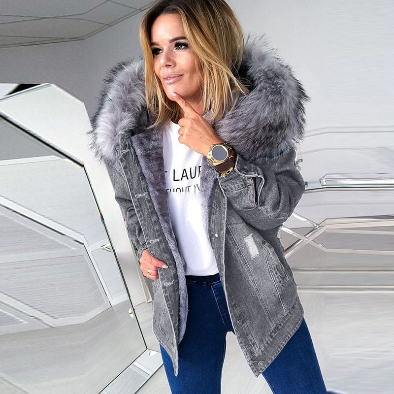 Manteau en jeans à capuche fourrure à manches longues - Chic&Shines