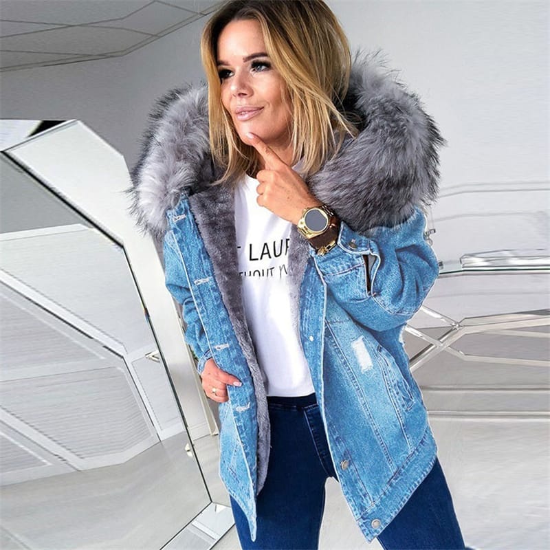 Manteau en jeans à capuche fourrure à manches longues - Chic&Shines
