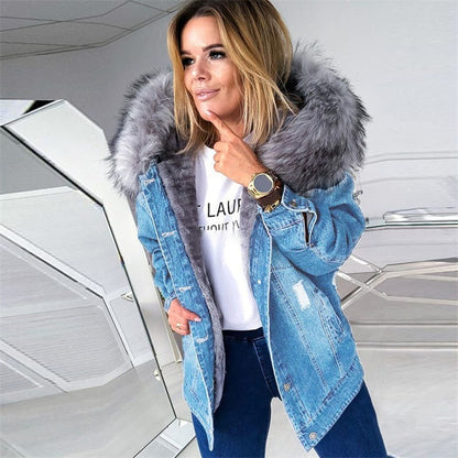 Manteau en jeans à capuche fourrure à manches longues - Chic&Shines