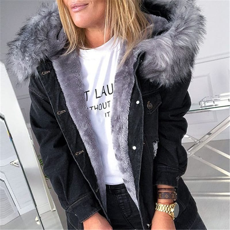 Manteau en jeans à capuche fourrure à manches longues - Chic&Shines