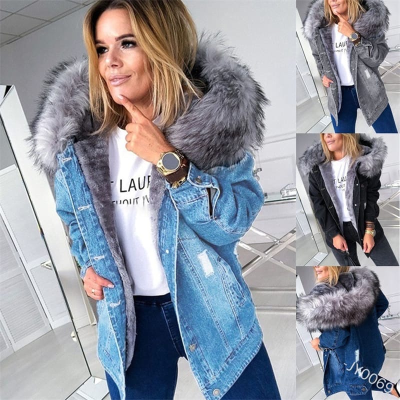 Manteau en jeans à capuche fourrure à manches longues