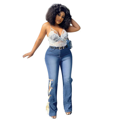 Jeans taille haute bas lacet latéral - Chic&Shines