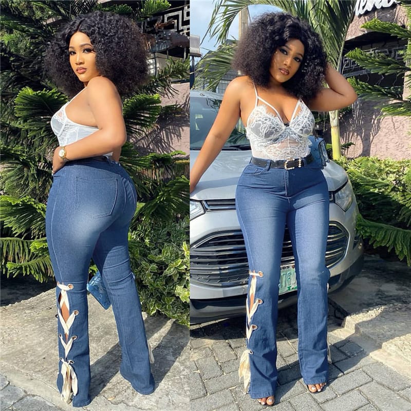 Jeans taille haute bas lacet latéral - Chic&Shines