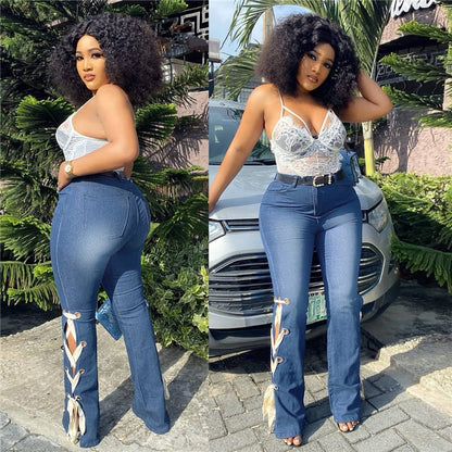 Jeans taille haute bas lacet latéral - Chic&Shines