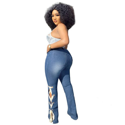 Jeans taille haute bas lacet latéral - Chic&Shines