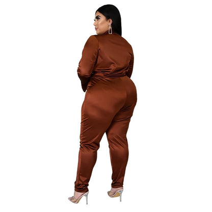 Ensemble Deux Pièces Col V Et Pantalon Couleur Unie - Chic&Shines