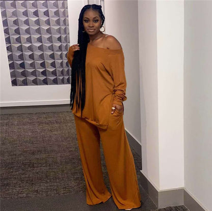 Ensemble haut manches longues et pantalon  large décontractée de couleur unie - Chic&Shines