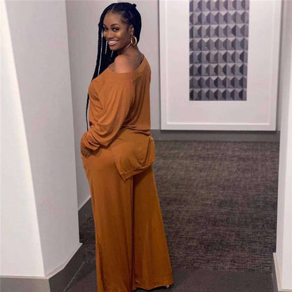 Ensemble haut manches longues et pantalon  large décontractée de couleur unie - Chic&Shines