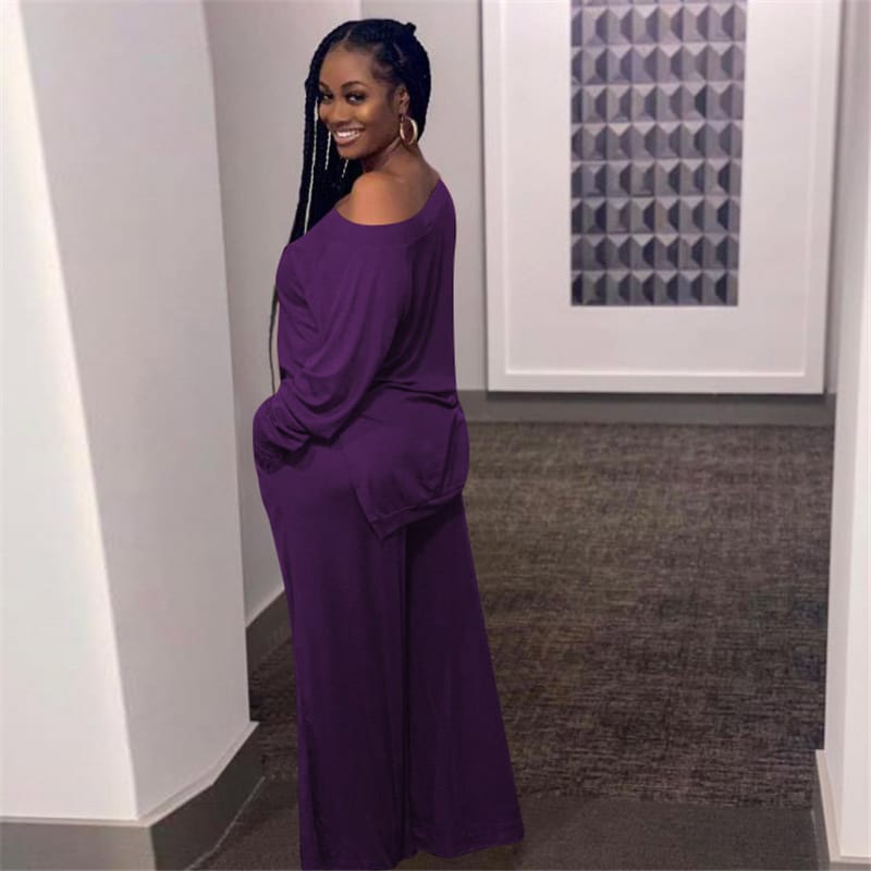 Ensemble haut manches longues et pantalon  large décontractée de couleur unie - Chic&Shines