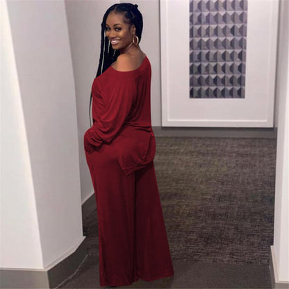 Ensemble haut manches longues et pantalon  large décontractée de couleur unie - Chic&Shines