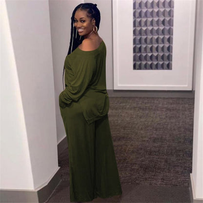 Ensemble haut manches longues et pantalon  large décontractée de couleur unie - Chic&Shines