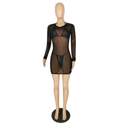 Ensemble trois pièces bikini en strass sexy et sa robe de plage transparente en maille - Chic&Shines