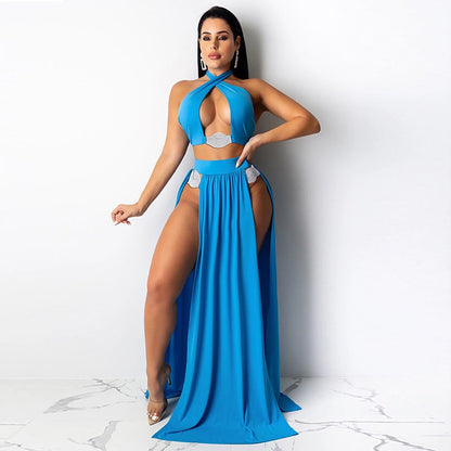Maillot de bain 3 pièces haut licou dos nu et sa jupe longue à fente latérale - Chic&Shines
