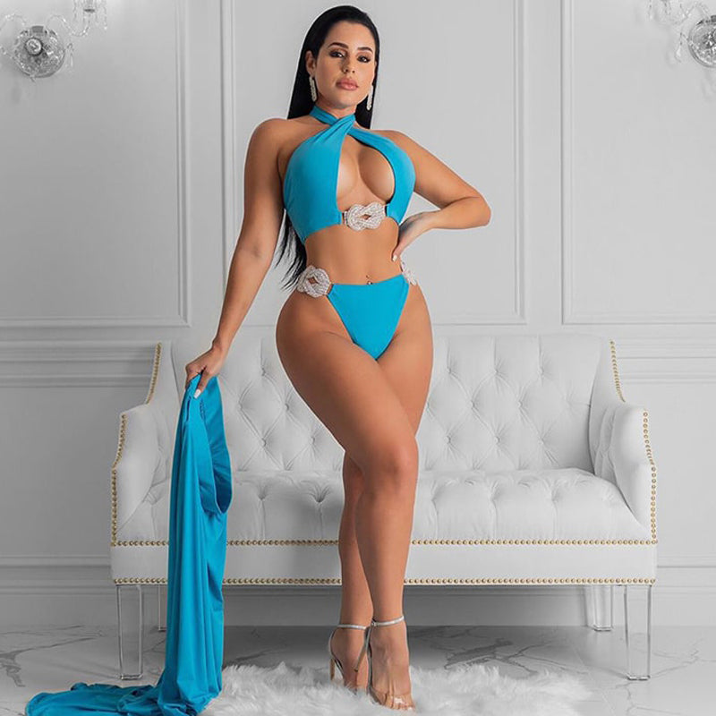 Maillot de bain 3 pièces haut licou dos nu et sa jupe longue à fente latérale - Chic&Shines