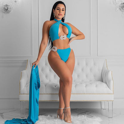 Maillot de bain 3 pièces haut licou dos nu et sa jupe longue à fente latérale - Chic&Shines