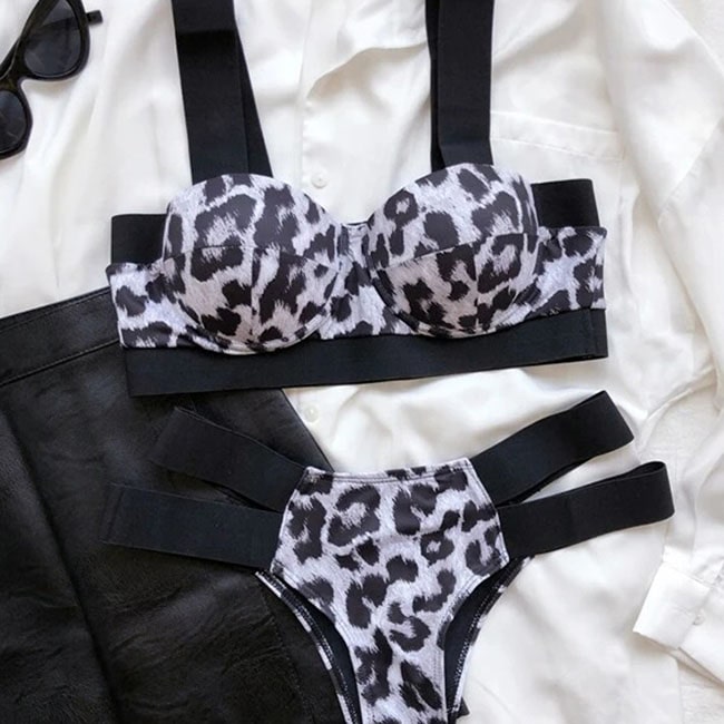 Maillot de bain 2 pièces haut bretelles à bandes et bas côté à double bandes confortable - Chic&Shines