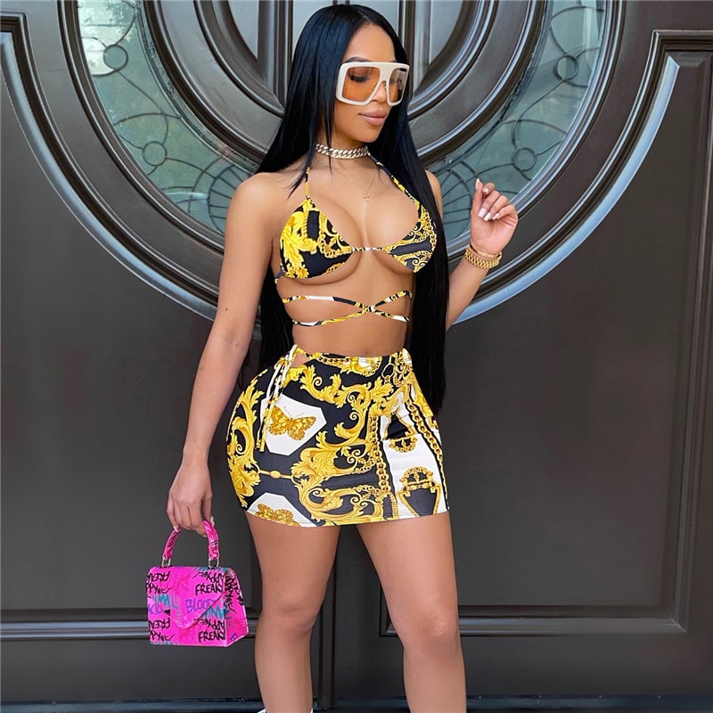 Maillot de bain trois pièces bikini jupe sexy à lacet - Chic&Shines