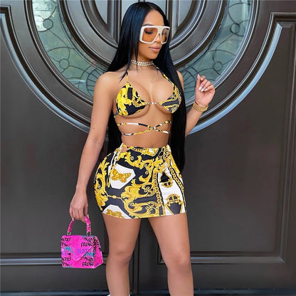 Maillot de bain trois pièces bikini jupe sexy à lacet - Chic&Shines