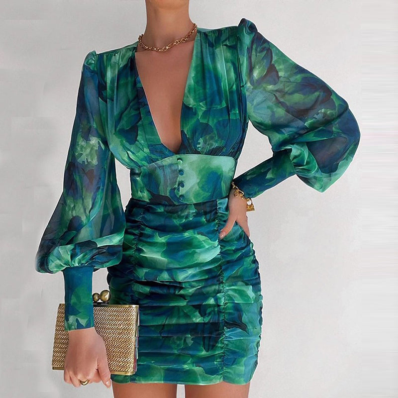 Robe courte à manches longues col V taille haute mousseline femme élégante - Chic&Shines