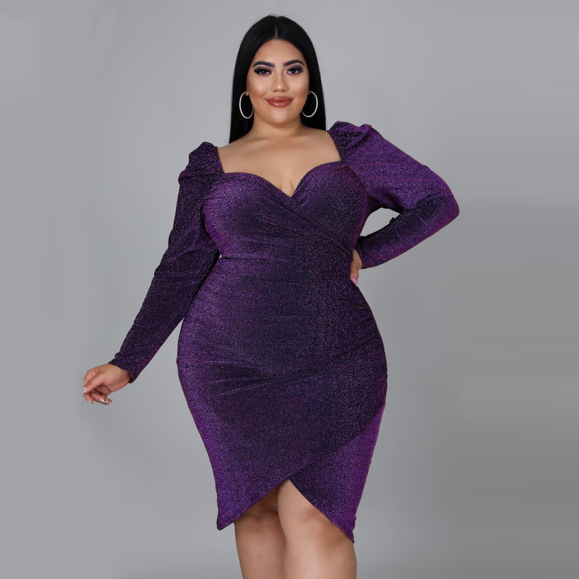 Robe courte de soirée manches longues col V jupe irrégulière - Chic&Shines
