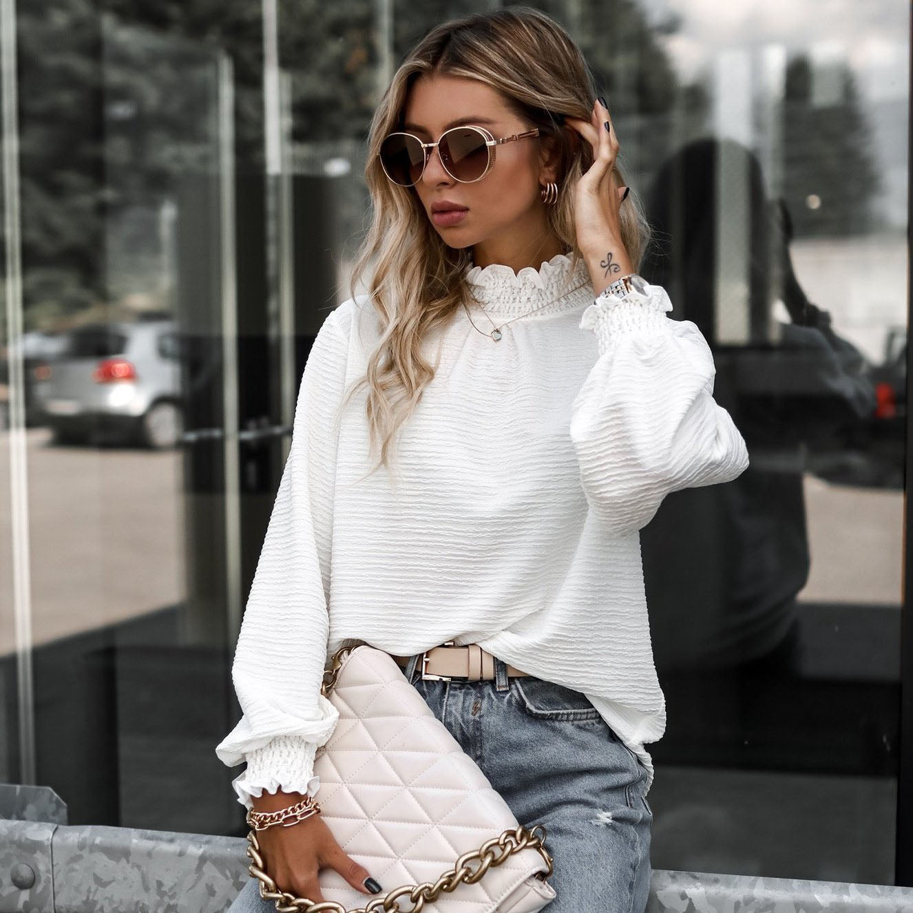 Chemisier à manches longues à volants col haut - Chic&Shines