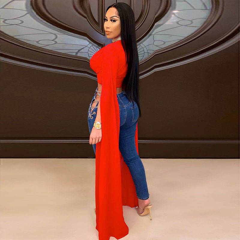 Col V sexy à manches volantées de couleur unie