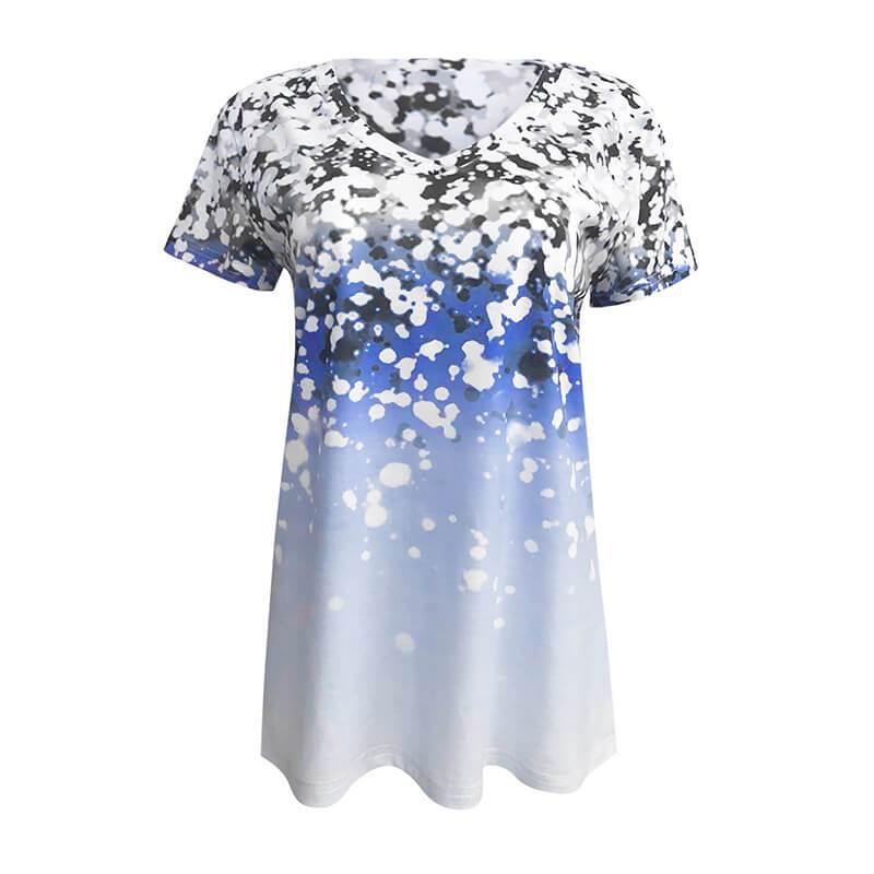 Dégradé Couleur Floral Imprimé V Col V T- shirt à manches courtes