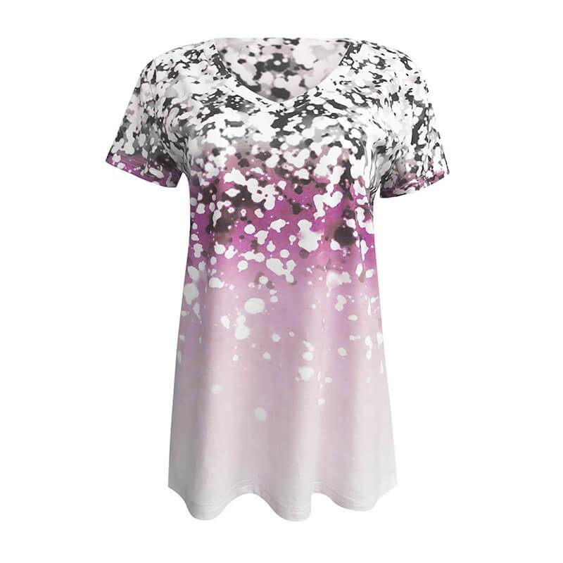 Dégradé Couleur Floral Imprimé V Col V T- shirt à manches courtes